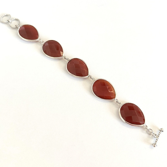 925 Sterling Silver Genuine Carnelian Faceted Teardrop Chain Link Bracelet 7" - Picture 3 of 10